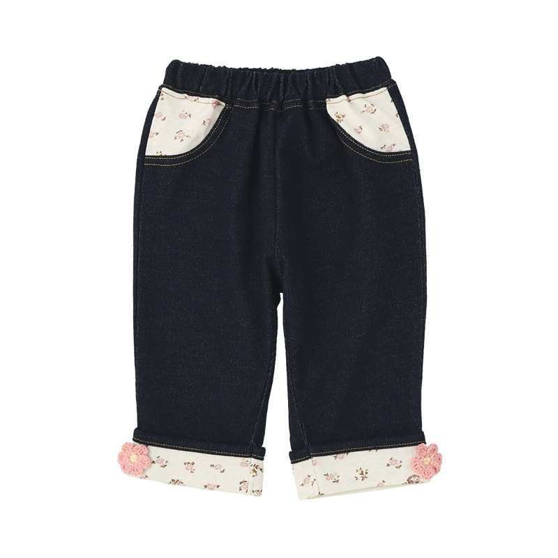 7分丈パンツ ニットデニム ガールズ 女の子 キッズ ベビー ( 80-130cm )【 UZULAND ウズランド 】 カジュアル ストレッチパンツ ジーパン ポケット付き 裾折り曲げ ロールアップ 小花柄 フラワー くすみカラー ピンク ネイビー 秋物 80cm 90cm 95cm 100cm 110cm 120cm 130cm