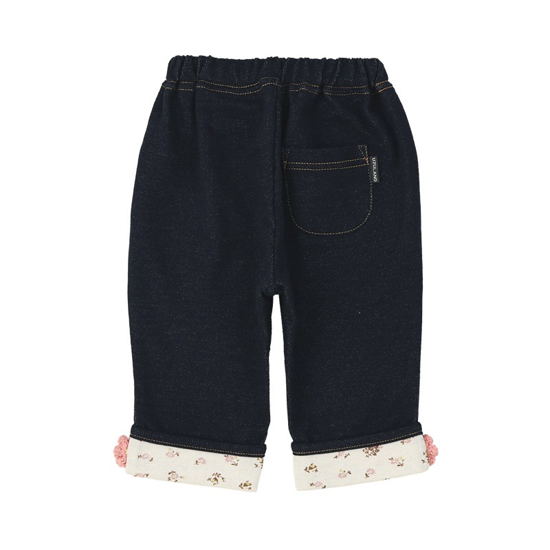 7分丈パンツ ニットデニム ガールズ 女の子 キッズ ベビー ( 80-130cm )【 UZULAND ウズランド 】 カジュアル ストレッチパンツ ジーパン ポケット付き 裾折り曲げ ロールアップ 小花柄 フラワー くすみカラー ピンク ネイビー 秋物 80cm 90cm 95cm 100cm 110cm 120cm 130cm