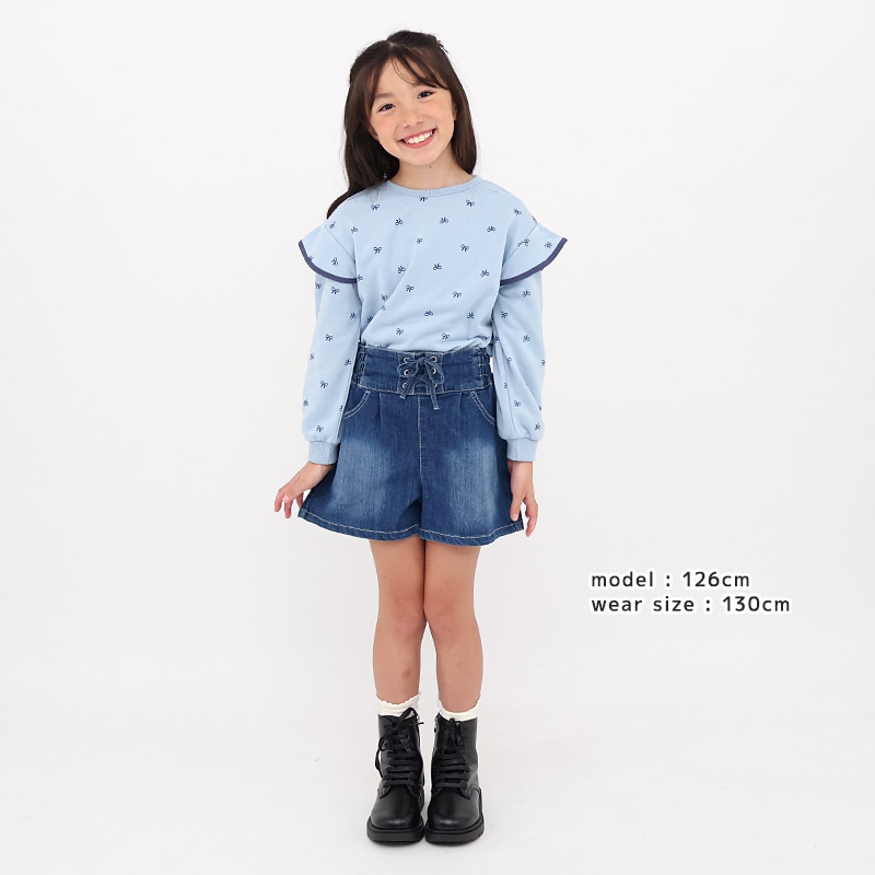 ガールズ トレーナー 裏毛 リボン柄 袖 切替 起毛なし 長袖 スウェット 女の子 プリント 【 GrinLab グリンラボ 】 ガーリー トップス カットソー ロンT インナー ベビー サックス ピンク 総柄 80 90 95 100 110 120 130