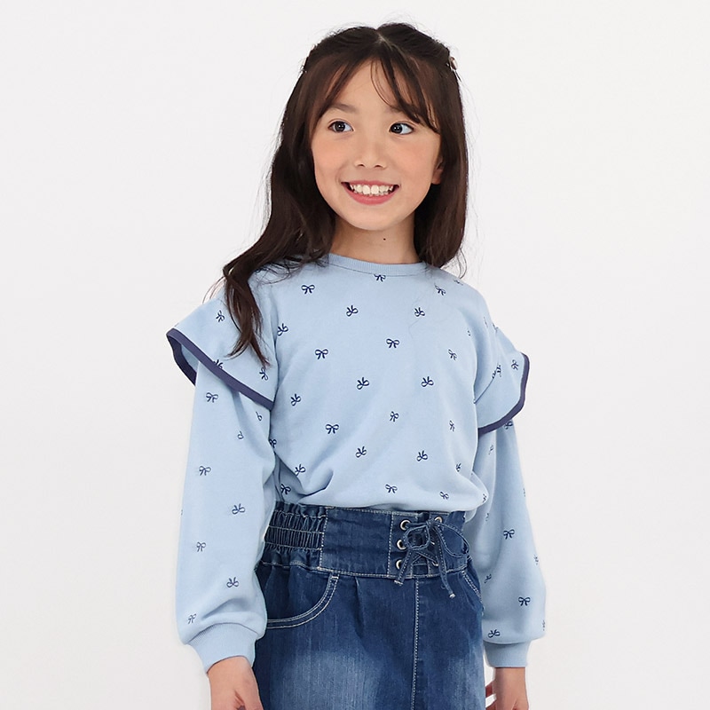 ガールズ トレーナー 裏毛 リボン柄 袖 切替 起毛なし 長袖 スウェット 女の子 プリント 【 GrinLab グリンラボ 】 ガーリー トップス カットソー ロンT インナー ベビー サックス ピンク 総柄 80 90 95 100 110 120 130