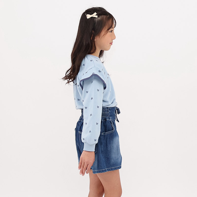 ガールズ トレーナー 裏毛 リボン柄 袖 切替 起毛なし 長袖 スウェット 女の子 プリント 【 GrinLab グリンラボ 】 ガーリー トップス カットソー ロンT インナー ベビー サックス ピンク 総柄 80 90 95 100 110 120 130