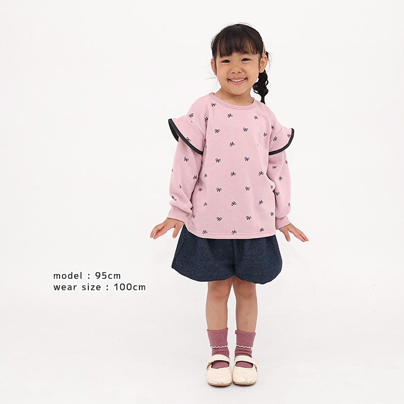 ガールズ トレーナー 裏毛 リボン柄 袖 切替 起毛なし 長袖 スウェット 女の子 プリント 【 GrinLab グリンラボ 】 ガーリー トップス カットソー ロンT インナー ベビー サックス ピンク 総柄 80 90 95 100 110 120 130