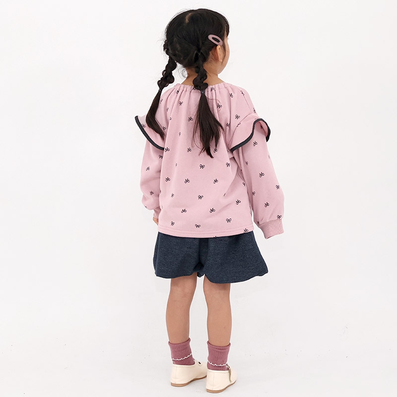 ガールズ トレーナー 裏毛 リボン柄 袖 切替 起毛なし 長袖 スウェット 女の子 プリント 【 GrinLab グリンラボ 】 ガーリー トップス カットソー ロンT インナー ベビー サックス ピンク 総柄 80 90 95 100 110 120 130