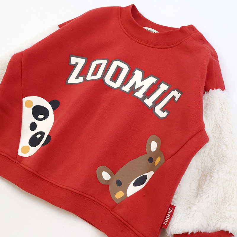 キッズ トレーナー 裏起毛 起毛あり 長袖 スウェット スタジャン プリント 切替 袖リブ アニマル 動物 くま パンダ 男の子 女の子 ( 80-130cm )【 ZOOMIC ズーミック 】 ベビー トップス カットソー パイル 肩ボタン キャラクター 80cm 90cm 95cm 100cm 110cm 120cm 130cm