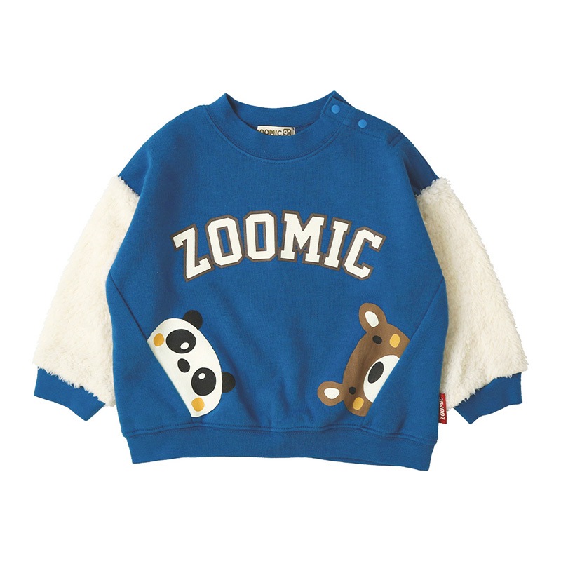 キッズ トレーナー 裏起毛 起毛あり 長袖 スウェット スタジャン プリント 切替 袖リブ アニマル 動物 くま パンダ 男の子 女の子 ( 80-130cm )【 ZOOMIC ズーミック 】 ベビー トップス カットソー パイル 肩ボタン キャラクター 80cm 90cm 95cm 100cm 110cm 120cm 130cm