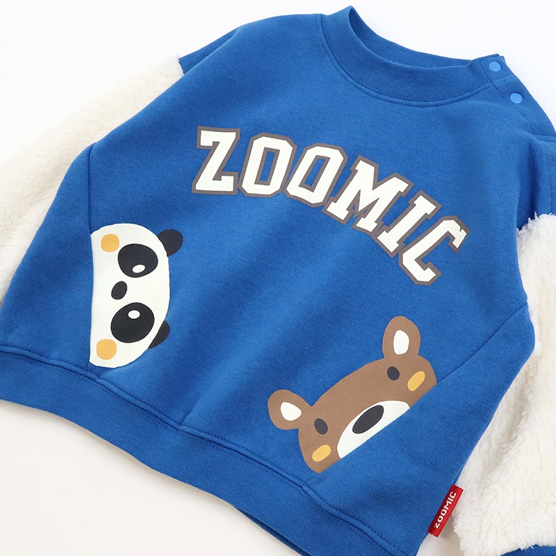 キッズ トレーナー 裏起毛 起毛あり 長袖 スウェット スタジャン プリント 切替 袖リブ アニマル 動物 くま パンダ 男の子 女の子 ( 80-130cm )【 ZOOMIC ズーミック 】 ベビー トップス カットソー パイル 肩ボタン キャラクター 80cm 90cm 95cm 100cm 110cm 120cm 130cm