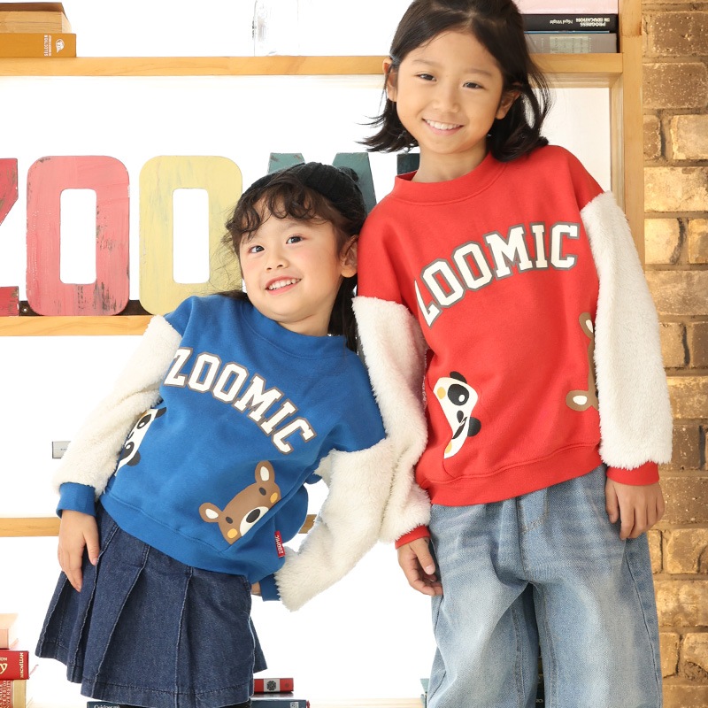 キッズ トレーナー 裏起毛 起毛あり 長袖 スウェット スタジャン プリント 切替 袖リブ アニマル 動物 くま パンダ 男の子 女の子 ( 80-130cm )【 ZOOMIC ズーミック 】 ベビー トップス カットソー パイル 肩ボタン キャラクター 80cm 90cm 95cm 100cm 110cm 120cm 130cm