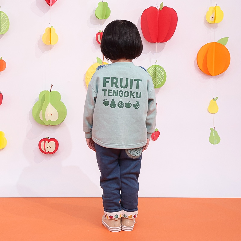 キッズ スウェットトレーナー 長袖 裏起毛 起毛あり オーバーオール風 ベビー トップス 男の子 女の子【フルーツ天国】 苺 いちご イチゴ りんご 林檎 メロン ラフランス 洋梨 フルーツ くだもの 果物 かわいい マイクロファイバー フリース 80 90 95 100 110 120 130