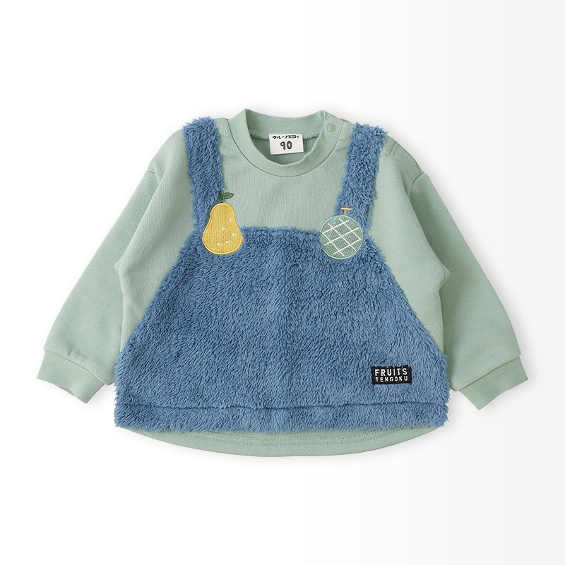 キッズ スウェットトレーナー 長袖 裏起毛 起毛あり オーバーオール風 ベビー トップス 男の子 女の子【フルーツ天国】 苺 いちご イチゴ りんご 林檎 メロン ラフランス 洋梨 フルーツ くだもの 果物 かわいい マイクロファイバー フリース 80 90 95 100 110 120 130