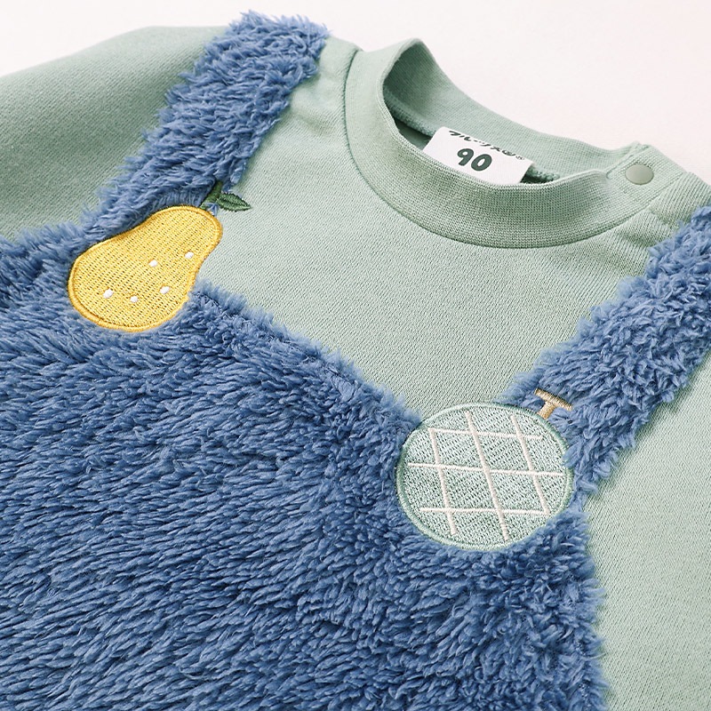 キッズ スウェットトレーナー 長袖 裏起毛 起毛あり オーバーオール風 ベビー トップス 男の子 女の子【フルーツ天国】 苺 いちご イチゴ りんご 林檎 メロン ラフランス 洋梨 フルーツ くだもの 果物 かわいい マイクロファイバー フリース 80 90 95 100 110 120 130