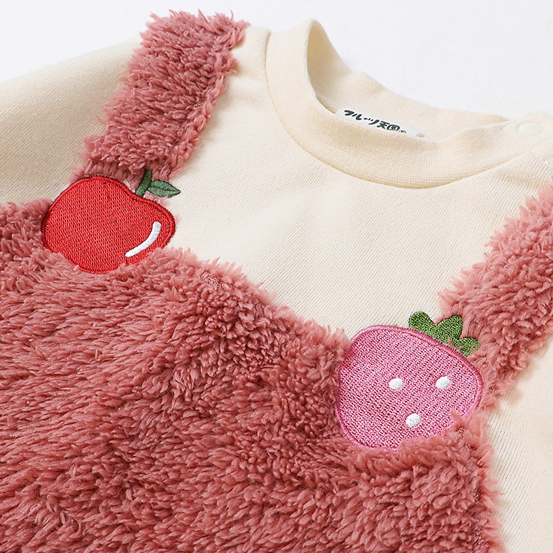 キッズ スウェットトレーナー 長袖 裏起毛 起毛あり オーバーオール風 ベビー トップス 男の子 女の子【フルーツ天国】 苺 いちご イチゴ りんご 林檎 メロン ラフランス 洋梨 フルーツ くだもの 果物 かわいい マイクロファイバー フリース 80 90 95 100 110 120 130