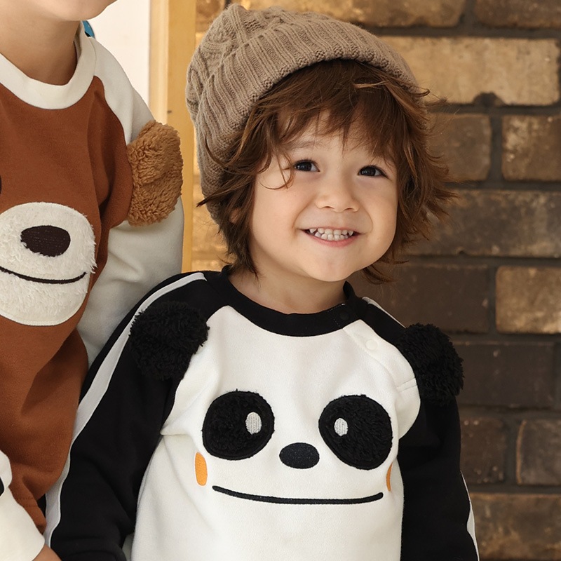 キッズ トレーナー 耳付き 裏起毛 起毛あり 長袖 スウェット プリント 切替 袖リブ アニマル 動物 くま クマ パンダ 男の子 女の子 ( 80-130cm )【 ZOOMIC ズーミック 】 ベビー トップス カットソー パイル 肩ボタン キャラクター 80cm 90cm 95cm 100cm 110cm 120cm 130cm