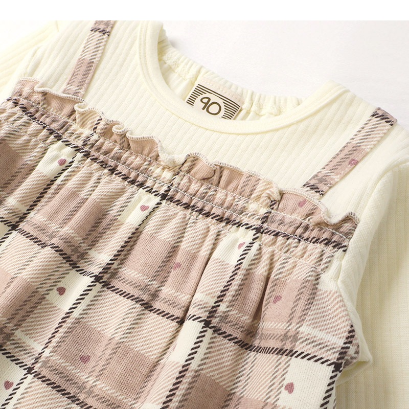 ガールズ ロンT チェック柄 長袖 Tシャツ ミニ裏毛 テレコ トップス チャーム付き 女の子 キッズ ベビー ( 80-130cm )【 UZULAND ウズランド 】 カットソー チュニック ブラウス 重ね着風 くすみカラー ピンク アイボリー 秋物 80cm 90cm 95cm 100cm 110cm 120cm 130cm