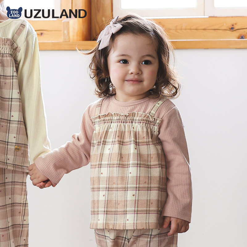 チェック柄 長袖トップス 後ろボタン付き ガールズ ロンT チェック柄 長袖 Tシャツ ミニ裏毛 テレコ トップス