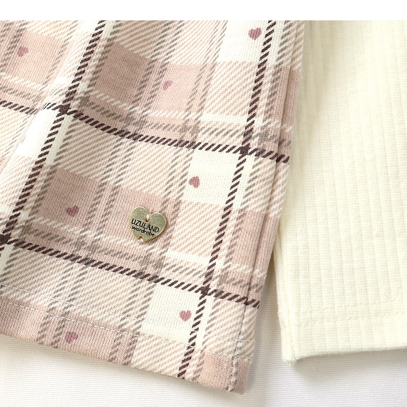 ガールズ ロンT チェック柄 長袖 Tシャツ ミニ裏毛 テレコ トップス チャーム付き 女の子 キッズ ベビー ( 80-130cm )【 UZULAND ウズランド 】 カットソー チュニック ブラウス 重ね着風 くすみカラー ピンク アイボリー 秋物 80cm 90cm 95cm 100cm 110cm 120cm 130cm