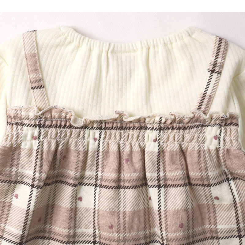 ガールズ ロンT チェック柄 長袖 Tシャツ ミニ裏毛 テレコ トップス チャーム付き 女の子 キッズ ベビー ( 80-130cm )【 UZULAND ウズランド 】 カットソー チュニック ブラウス 重ね着風 くすみカラー ピンク アイボリー 秋物 80cm 90cm 95cm 100cm 110cm 120cm 130cm
