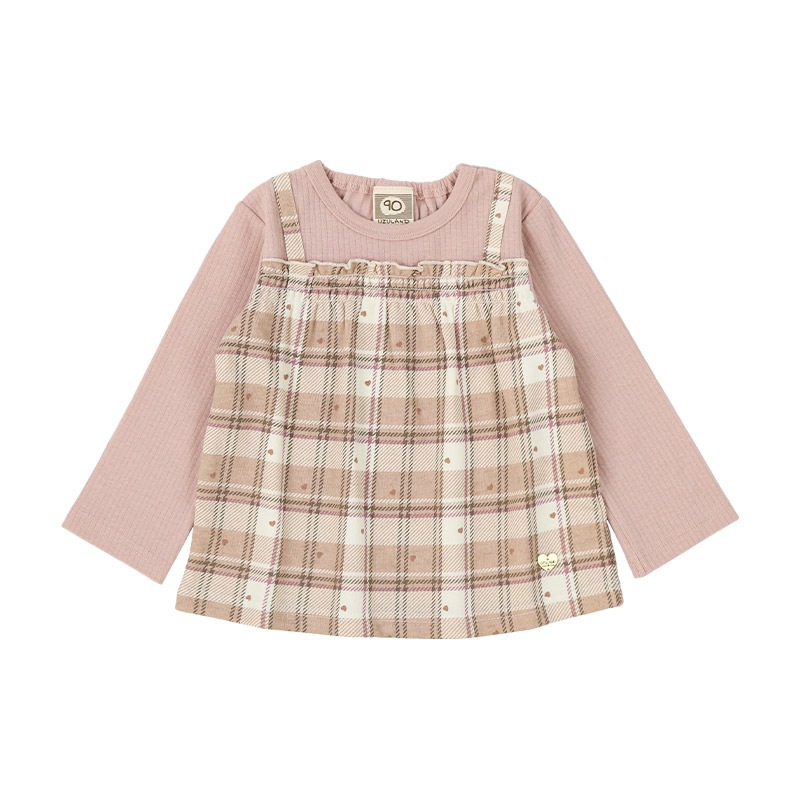 ガールズ ロンT チェック柄 長袖 Tシャツ ミニ裏毛 テレコ トップス チャーム付き 女の子 キッズ ベビー ( 80-130cm )【 UZULAND ウズランド 】 カットソー チュニック ブラウス 重ね着風 くすみカラー ピンク アイボリー 秋物 80cm 90cm 95cm 100cm 110cm 120cm 130cm