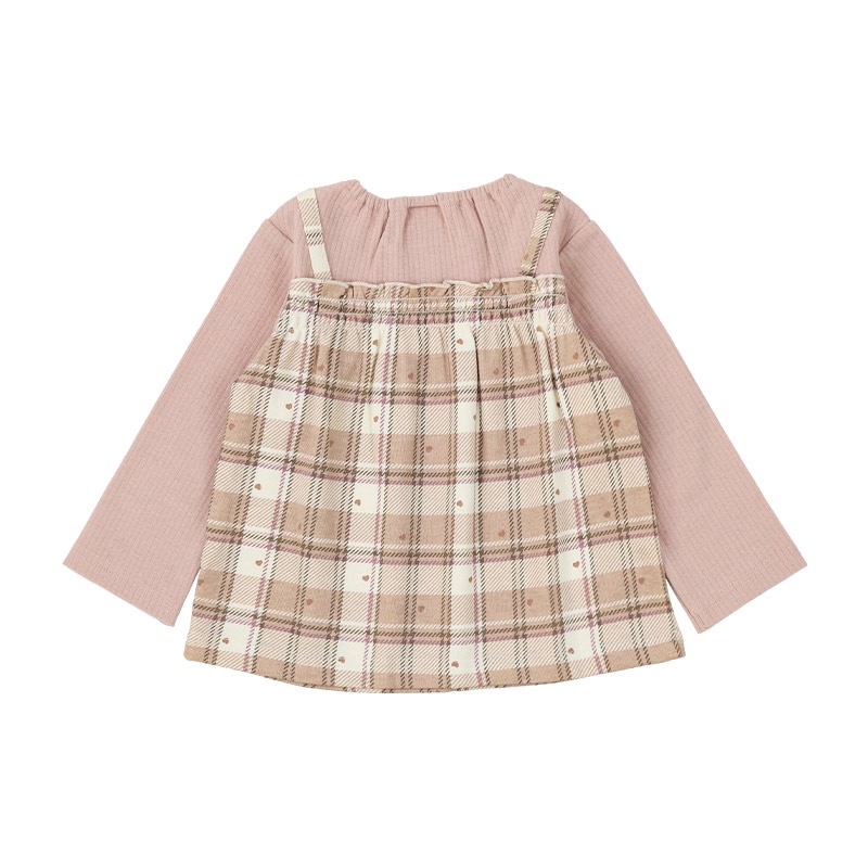 ガールズ ロンT チェック柄 長袖 Tシャツ ミニ裏毛 テレコ トップス チャーム付き 女の子 キッズ ベビー ( 80-130cm )【 UZULAND ウズランド 】 カットソー チュニック ブラウス 重ね着風 くすみカラー ピンク アイボリー 秋物 80cm 90cm 95cm 100cm 110cm 120cm 130cm