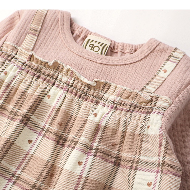 ガールズ ロンT チェック柄 長袖 Tシャツ ミニ裏毛 テレコ トップス チャーム付き 女の子 キッズ ベビー ( 80-130cm )【 UZULAND ウズランド 】 カットソー チュニック ブラウス 重ね着風 くすみカラー ピンク アイボリー 秋物 80cm 90cm 95cm 100cm 110cm 120cm 130cm