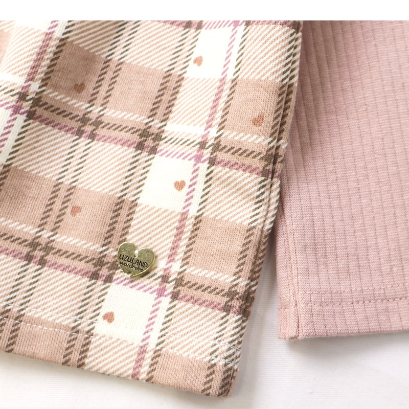 ガールズ ロンT チェック柄 長袖 Tシャツ ミニ裏毛 テレコ トップス チャーム付き 女の子 キッズ ベビー ( 80-130cm )【 UZULAND ウズランド 】 カットソー チュニック ブラウス 重ね着風 くすみカラー ピンク アイボリー 秋物 80cm 90cm 95cm 100cm 110cm 120cm 130cm