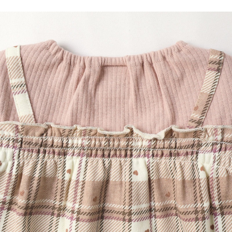 ガールズ ロンT チェック柄 長袖 Tシャツ ミニ裏毛 テレコ トップス チャーム付き 女の子 キッズ ベビー ( 80-130cm )【 UZULAND ウズランド 】 カットソー チュニック ブラウス 重ね着風 くすみカラー ピンク アイボリー 秋物 80cm 90cm 95cm 100cm 110cm 120cm 130cm