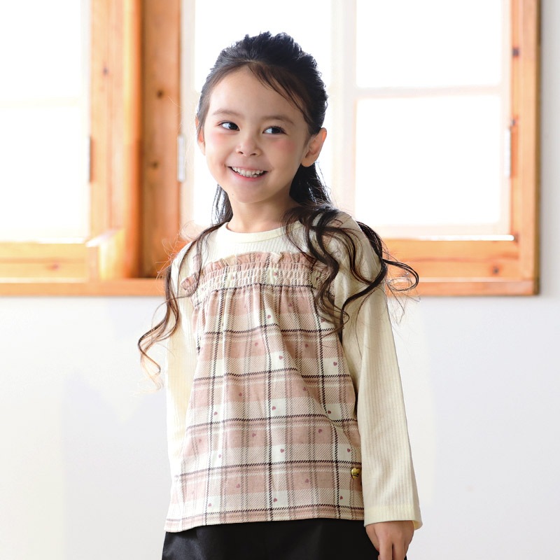 ガールズ ロンT チェック柄 長袖 Tシャツ ミニ裏毛 テレコ トップス