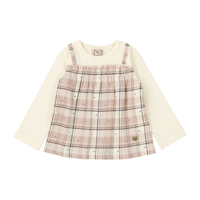 ガールズ ロンT チェック柄 長袖 Tシャツ ミニ裏毛 テレコ トップス チャーム付き 女の子 キッズ ベビー ( 80-130cm )【 UZULAND ウズランド 】 カットソー チュニック ブラウス 重ね着風 くすみカラー ピンク アイボリー 秋物 80cm 90cm 95cm 100cm 110cm 120cm 130cm