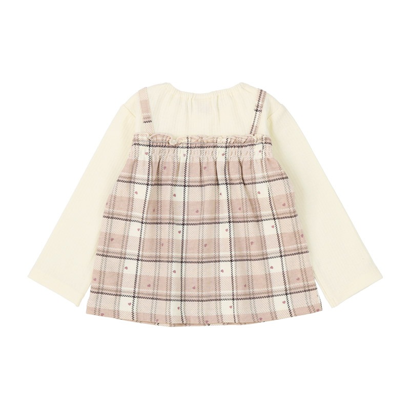ガールズ ロンT チェック柄 長袖 Tシャツ ミニ裏毛 テレコ トップス チャーム付き 女の子 キッズ ベビー ( 80-130cm )【 UZULAND ウズランド 】 カットソー チュニック ブラウス 重ね着風 くすみカラー ピンク アイボリー 秋物 80cm 90cm 95cm 100cm 110cm 120cm 130cm
