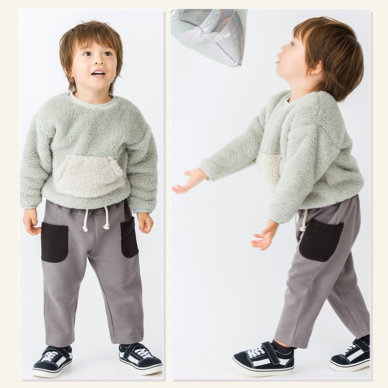 フリース キッズ トレーナー トップス 長袖 ( 80-130cm ) 【 GrinLab グリンラボ 】 子供服 ベビー スウェット クレイジー 配色 80 90 95 100 110 120 130 プルオーバー 厚手 もこもこ マイクロファイバーフリース ボア 切替 通園 通学 