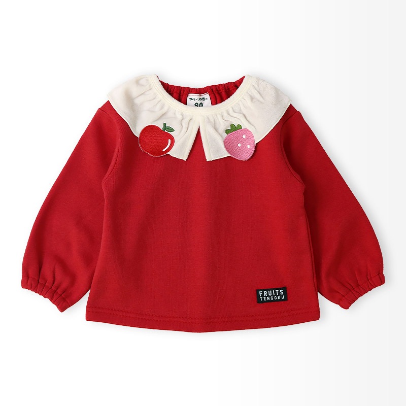 キッズ スウェットトレーナー 長袖 裏起毛 起毛あり フルーツ 襟付き 総柄 ベビー トップス 女の子 ガールズ【フルーツ天国】 林檎 リンゴ りんご 苺 いちご イチゴ くだもの 果物 可愛い かわいい お揃い ペア カットソー 起毛トリコット 暖かい 80 90 95 100 110 120 130