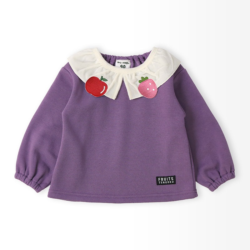 キッズ スウェットトレーナー 長袖 裏起毛 起毛あり フルーツ 襟付き 総柄 ベビー トップス 女の子 ガールズ【フルーツ天国】 林檎 リンゴ りんご 苺 いちご イチゴ くだもの 果物 可愛い かわいい お揃い ペア カットソー 起毛トリコット 暖かい 80 90 95 100 110 120 130