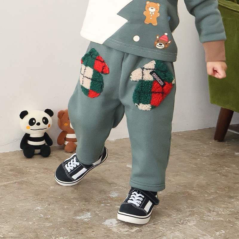 キッズ 10分丈パンツ スウェットパンツ 裏起毛 ポケット チェックボア クリスマスカラー 男の子 女の子 アニマル 動物 くま パンダ 【ZOOMIC ズーミック】 ベビー ストレッチ ズボン ボトムス 伸縮 ウエストゴム キャラ 80 90 95 100 110 120 130 ギフト プレゼント