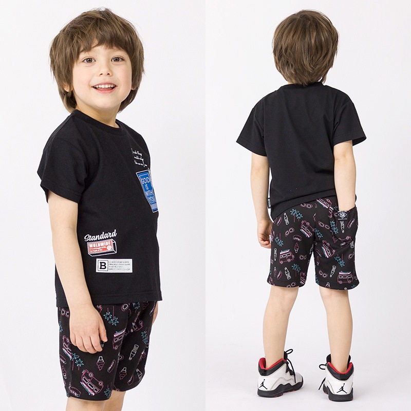 キッズ ボトムス 男の子 ハーフパンツ 総柄 メッシュ ポケット ( 80