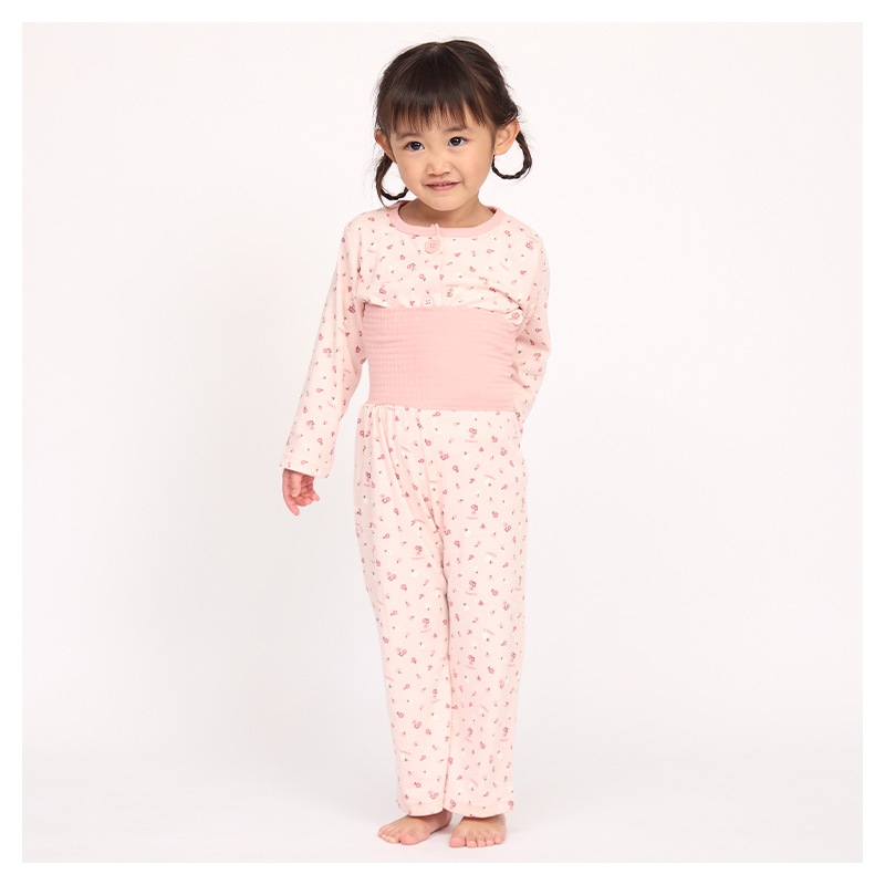 キッズ パジャマ 長袖 女の子 腹巻付き ルームウェア 前開き スムース 総柄 花 動物 プリント (80-130cm)  子供パジャマ 長袖パジャマ 子供 上下セット ベビー 動物 アニマル 猫 ねこ くま クマ フラワー 春 秋 冬 80cm 90cm 95cm 100cm 110cm 120cm 130cm