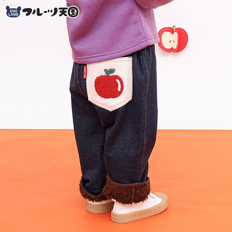 キッズ 10分丈パンツ ニットデニム 裏起毛 フルーツ 裾ボア切替 男の子 女の子 【フルーツ天国】 ベビー ストレッチ ズボン ボトムス ポケット付き 林檎 りんご リンゴ くだもの 果物 裾折り返し 伸縮 ウエストゴム マイクロファイバー フリース 80 90 95 100 110 120 130