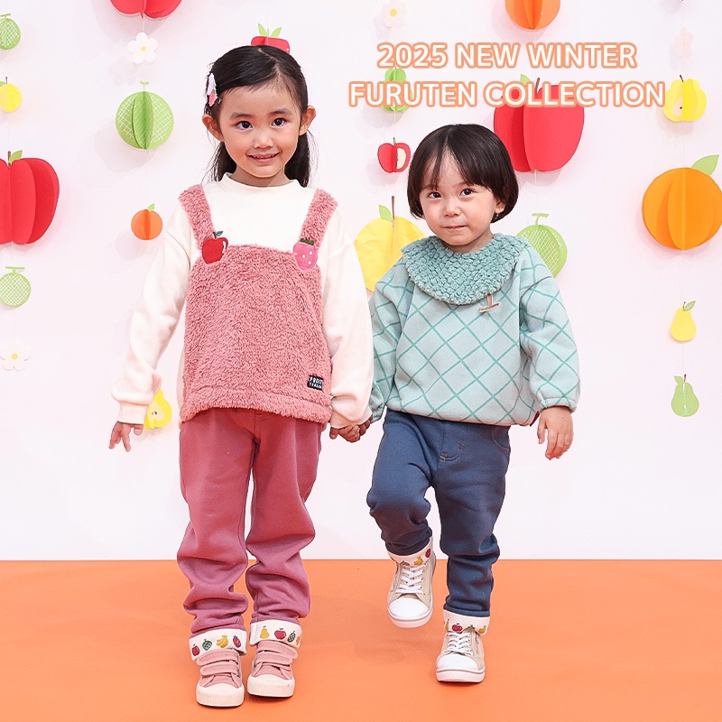 キッズ 10分丈パンツ ニットデニム 裏起毛 フルーツ 裾ボア切替 男の子 女の子 【フルーツ天国】 ベビー ストレッチ ズボン ボトムス ポケット付き 林檎 りんご リンゴ くだもの 果物 裾折り返し 伸縮 ウエストゴム マイクロファイバー フリース 80 90 95 100 110 120 130