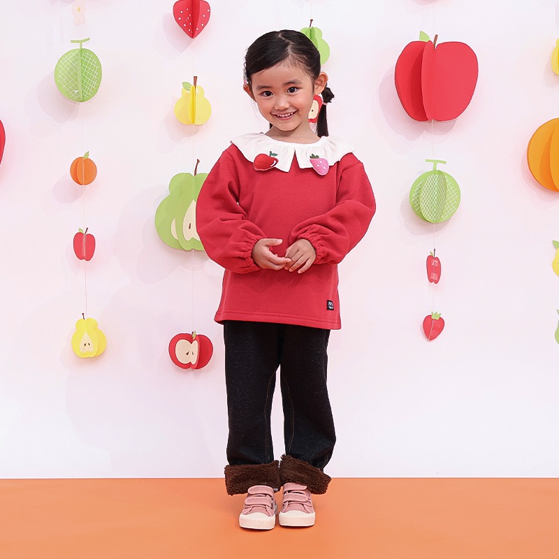 キッズ 10分丈パンツ ニットデニム 裏起毛 フルーツ 裾ボア切替 男の子 女の子 【フルーツ天国】 ベビー ストレッチ ズボン ボトムス ポケット付き 林檎 りんご リンゴ くだもの 果物 裾折り返し 伸縮 ウエストゴム マイクロファイバー フリース 80 90 95 100 110 120 130