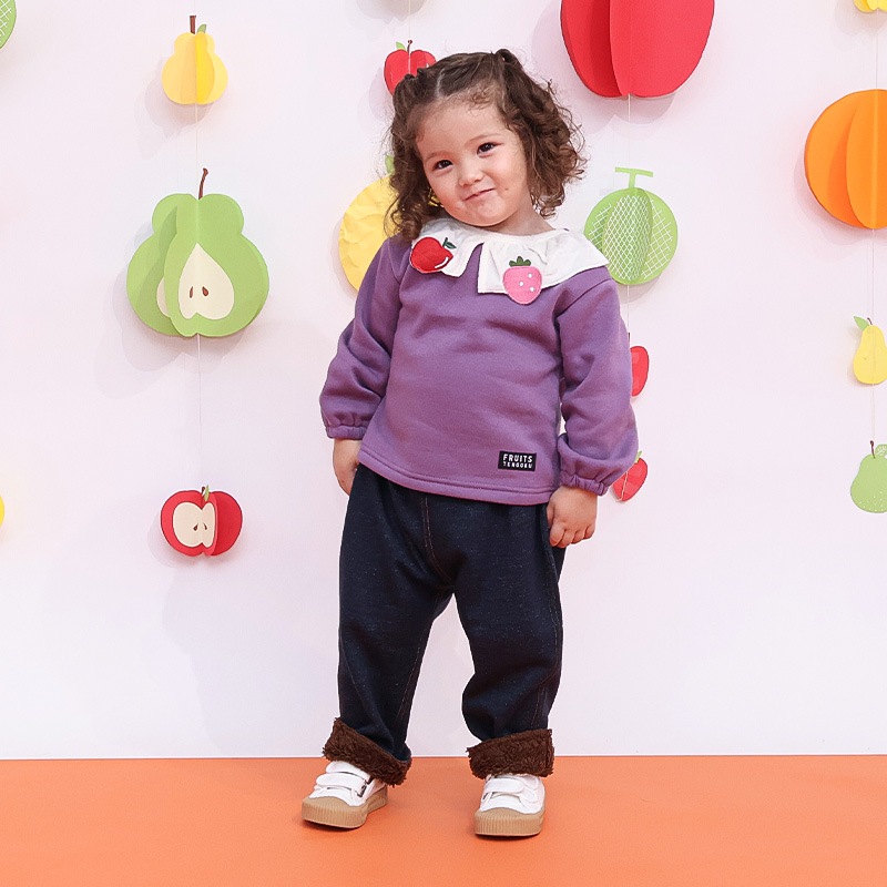 キッズ 10分丈パンツ ニットデニム 裏起毛 フルーツ 裾ボア切替 男の子 女の子 【フルーツ天国】 ベビー ストレッチ ズボン ボトムス ポケット付き 林檎 りんご リンゴ くだもの 果物 裾折り返し 伸縮 ウエストゴム マイクロファイバー フリース 80 90 95 100 110 120 130