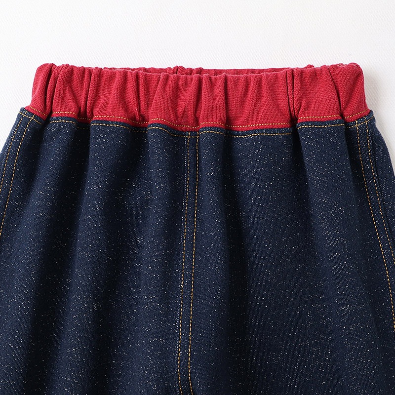 キッズ 10分丈パンツ ニットデニム 裏起毛 フルーツ 裾ボア切替 男の子 女の子 【フルーツ天国】 ベビー ストレッチ ズボン ボトムス ポケット付き 林檎 りんご リンゴ くだもの 果物 裾折り返し 伸縮 ウエストゴム マイクロファイバー フリース 80 90 95 100 110 120 130