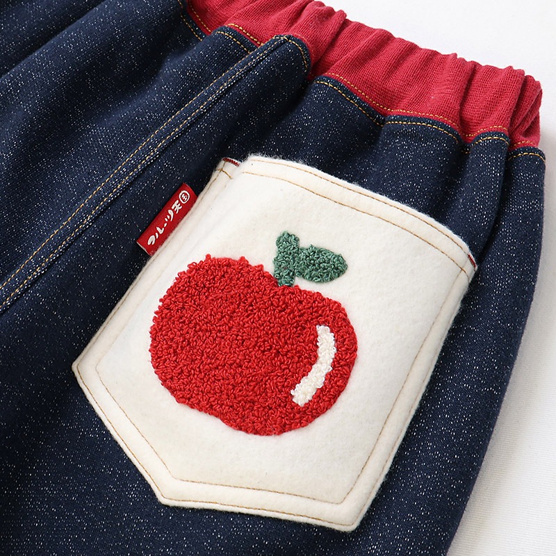 キッズ 10分丈パンツ ニットデニム 裏起毛 フルーツ 裾ボア切替 男の子 女の子 【フルーツ天国】 ベビー ストレッチ ズボン ボトムス ポケット付き 林檎 りんご リンゴ くだもの 果物 裾折り返し 伸縮 ウエストゴム マイクロファイバー フリース 80 90 95 100 110 120 130