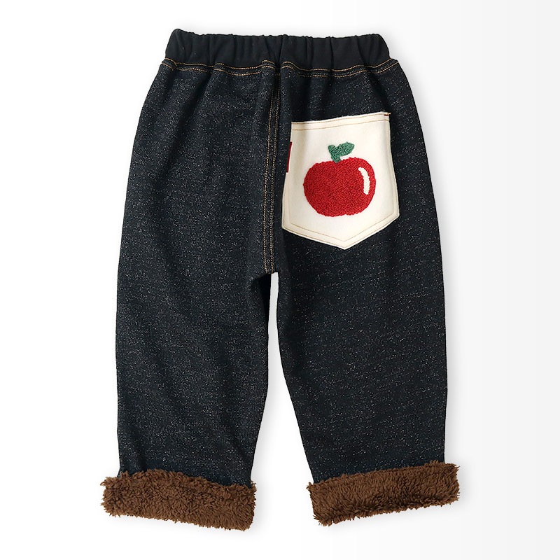 キッズ 10分丈パンツ ニットデニム 裏起毛 フルーツ 裾ボア切替 男の子 女の子 【フルーツ天国】 ベビー ストレッチ ズボン ボトムス ポケット付き 林檎 りんご リンゴ くだもの 果物 裾折り返し 伸縮 ウエストゴム マイクロファイバー フリース 80 90 95 100 110 120 130