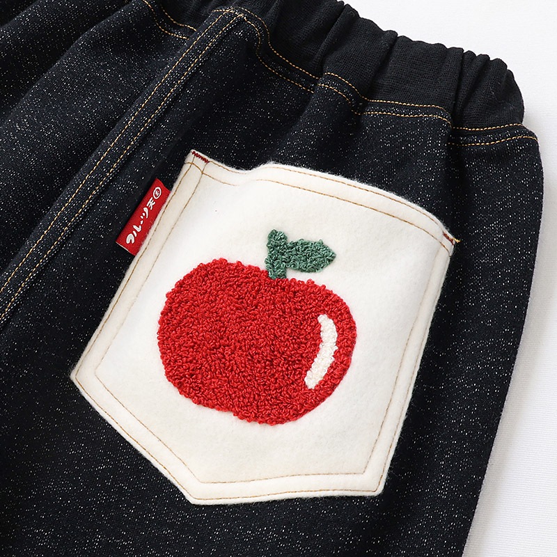 キッズ 10分丈パンツ ニットデニム 裏起毛 フルーツ 裾ボア切替 男の子 女の子 【フルーツ天国】 ベビー ストレッチ ズボン ボトムス ポケット付き 林檎 りんご リンゴ くだもの 果物 裾折り返し 伸縮 ウエストゴム マイクロファイバー フリース 80 90 95 100 110 120 130