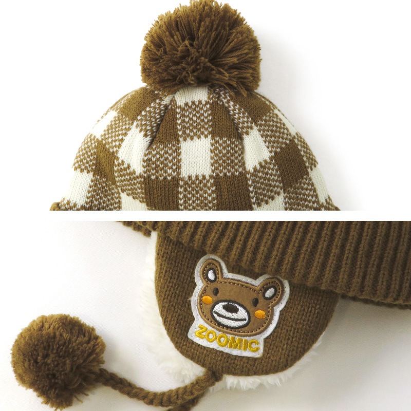 ニット帽 キッズ ニットキャップ 男の子 女の子 子供用 帽子 （ 50-54cm ） ポンポン 防寒 子供帽子 耳当て ボンボン キャップ 【 ZOOMIC ズーミック 】 子供 ベビー 暖かい かわいい 雪 スノー スキー くま クマ 動物 アニマル キャラクター