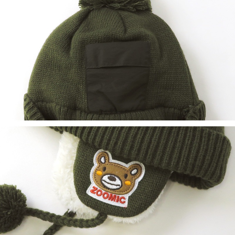 ニット帽 キッズ ニットキャップ 男の子 女の子 子供用 帽子 （ 50-54cm ） ポンポン 防寒 子供帽子 耳当て ボンボン キャップ 【 ZOOMIC ズーミック 】 子供 ベビー 暖かい かわいい 雪 スノー スキー くま クマ 動物 アニマル キャラクター