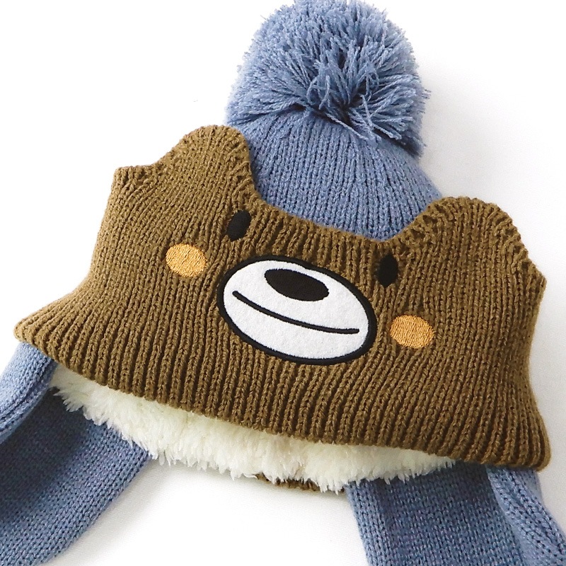 ニット帽 キッズ ニットキャップ 男の子 女の子 子供用 帽子 （ 50-54cm ） ポンポン 防寒 子供帽子 耳当て ボンボン キャップ 【 ZOOMIC ズーミック 】 子供 ベビー 暖かい かわいい 雪 スノー スキー くま クマ 動物 アニマル キャラクター