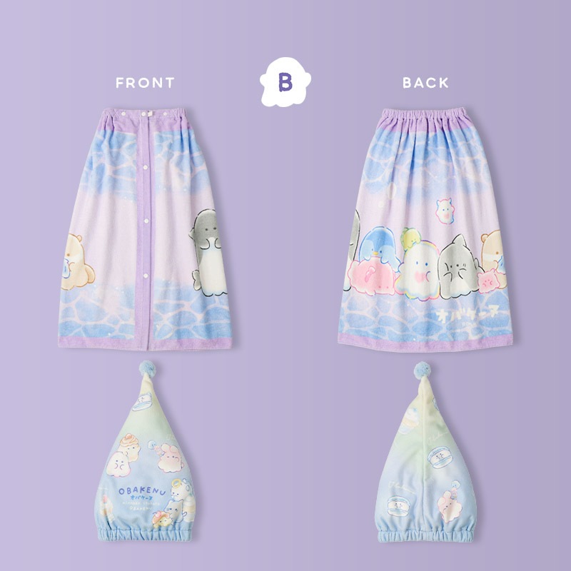 【送料無料】 オバケーヌ ラップタオル タオルキャップ 2点セット 80cm x 120cm 綿100％ キャラクター コラボ 女の子 ネームタグ付 巻きタオル 水着用品 タオル まきタオル プールタオル バスタオル キッズ 子供用 着替え お風呂 スイミング 海水浴 夏 水遊び ギフト