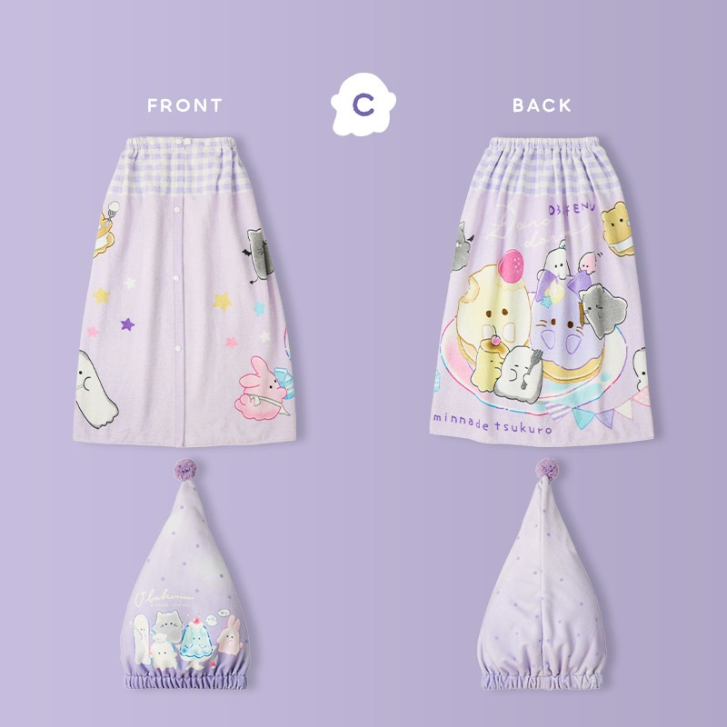 【送料無料】 オバケーヌ ラップタオル タオルキャップ 2点セット 80cm x 120cm 綿100％ キャラクター コラボ 女の子 ネームタグ付 巻きタオル 水着用品 タオル まきタオル プールタオル バスタオル キッズ 子供用 着替え お風呂 スイミング 海水浴 夏 水遊び ギフト