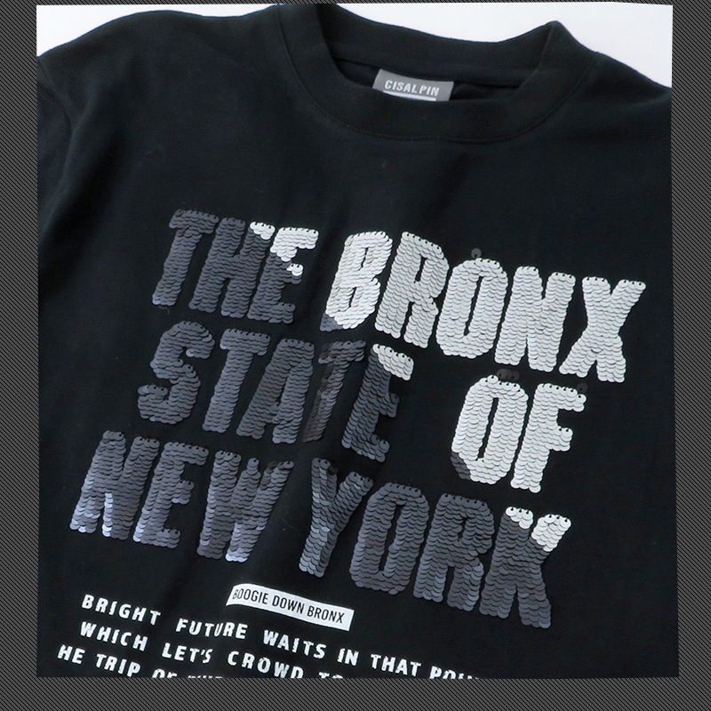 キッズ Tシャツ 半袖 プリント スパンコール 男の子 ( 130-160cm ) 子供服 トップス カットソー ゆったり ドロップショルダー 天竺 男の子 女の子 スクール ジュニア 130cm 140cm 150cm 160cm ストリート スケーター カジュアル