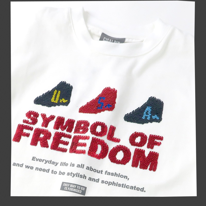 キッズ Tシャツ 半袖 プリント スパンコール 男の子 ( 130-160cm ) 子供服 トップス カットソー ゆったり ドロップショルダー 天竺 男の子 女の子 スクール ジュニア 130cm 140cm 150cm 160cm ストリート スケーター カジュアル