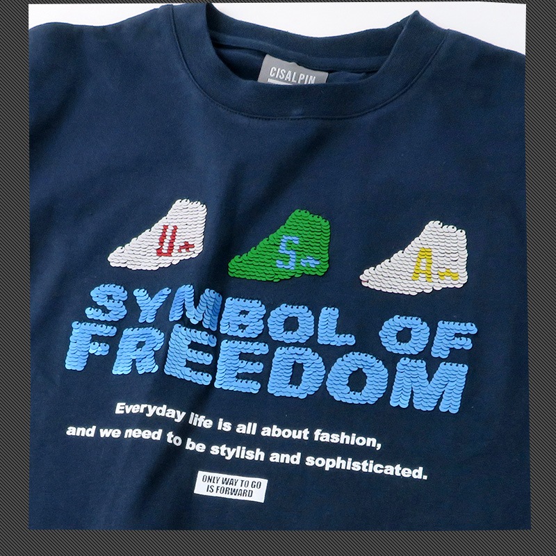 キッズ Tシャツ 半袖 プリント スパンコール 男の子 ( 130-160cm ) 子供服 トップス カットソー ゆったり ドロップショルダー 天竺 男の子 女の子 スクール ジュニア 130cm 140cm 150cm 160cm ストリート スケーター カジュアル